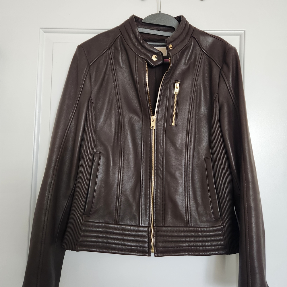 MICHAEL Michael Kors Dark Brown Leather Moto Jacket with Gold Hardware